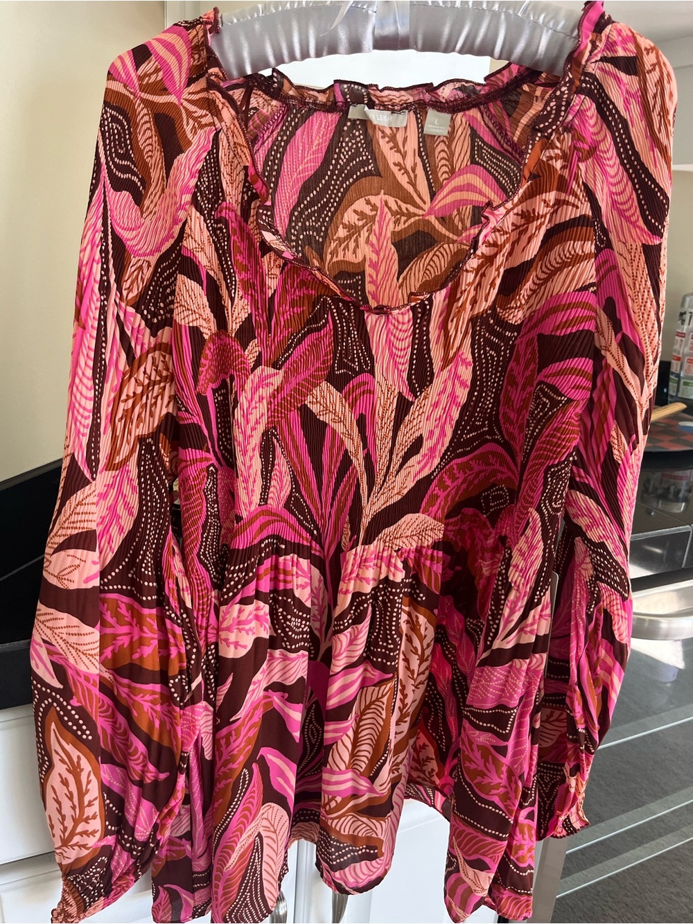 Women’s Pink and Brown Printed Peasant Blouse size Large Sunny Leigh Brand New
